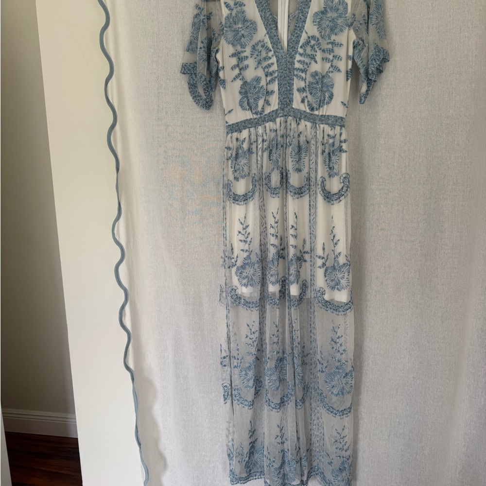 Altar'd State White Maxi Dress with Blue Floral Embroidery